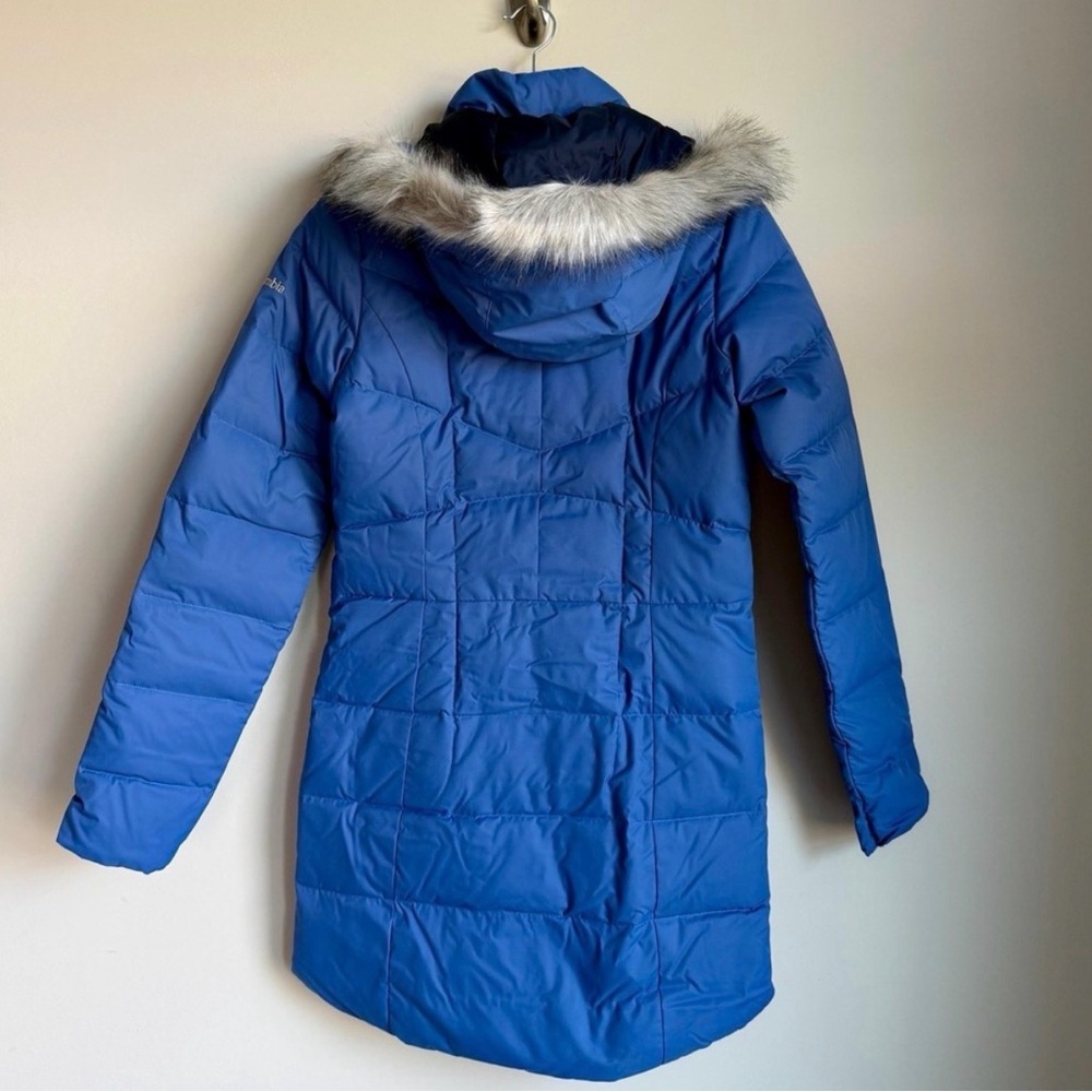 Columbia Crystal Caves Mid Blue Puffer Winter Coat Faux Fur Jacket XS - Picture 3 of 11